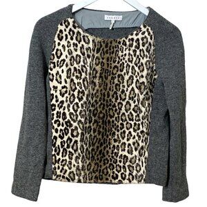 SANDRO Leopard Sweater Size 2 (XS) Faux Fur Front Gray Tweed Wool Blend
